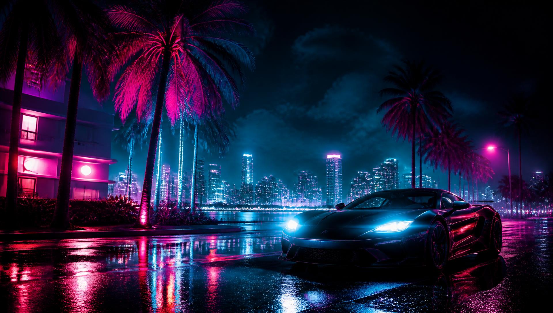 Neon Miami skyline at night with a supercar, inspired by GTA 6